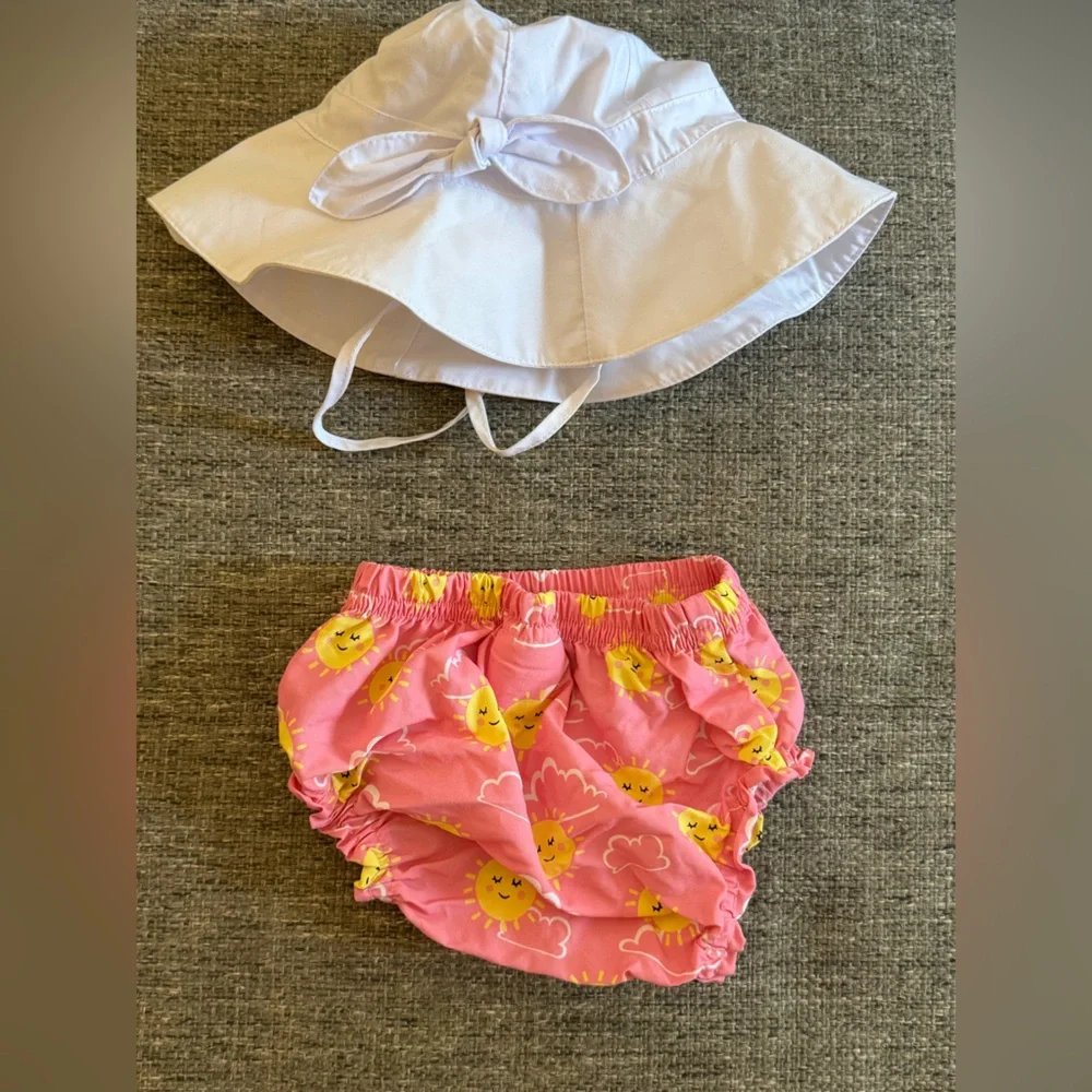 Pottery Barn Kids Pink Sun Bloomers & White Bow Sun Hat Set